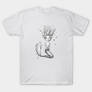 Miss Mermie and Her Pet Fish (Black and White Version) T-Shirt